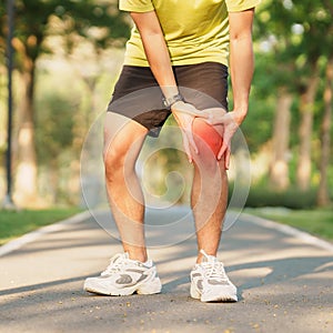 Young adult male with muscle pain during running. runner have knee ache due to Runners Knee or Patellofemoral Pain Syndrome,