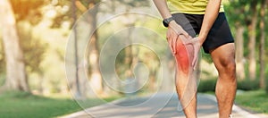 Young adult male with muscle pain during running. runner have knee ache due to Runners Knee or Patellofemoral Pain Syndrome,