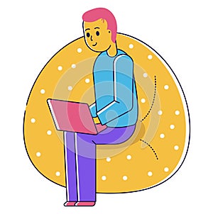 Young adult male sitting on a chair using a laptop, casual style, colorful vector illustration. Freelancer working