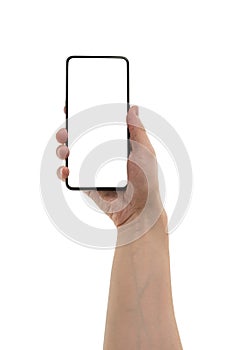 Young adult man hand hold generic smartphone with white screen isolated on white