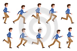 Young adult man in light brown pants running sequence poses vector illustration. Fast moving forward office cartoon character set