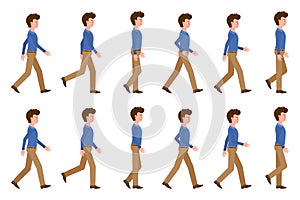 Young adult man in light brown pants walking sequence poses vector illustration. Moving forward going cartoon character set