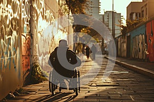 Young adult man rides in a wheelchair along a sunlit street