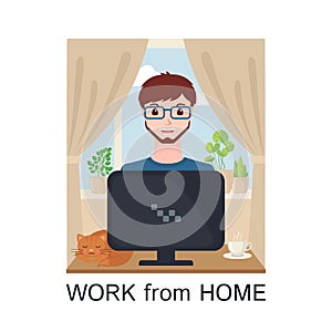 Young adult man working at home with computer in flat style
