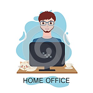 Young adult man working at home with computer in flat style