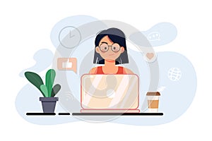 Young adult man working at home vector concept illustration. Freelancer character working from home with laptop sitting