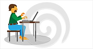 Young adult man working at home vector concept illustration. Freelancer character working from home with laptop sitting in