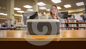 Young adult studying science indoors at library desk with computer generated by AI