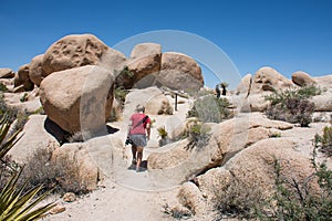 Young adult woman begins a hike in the large rocks of Joshua Tree National Park