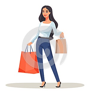 Young adult woman holding shopping bags and smiling. Fashionable shopper enjoying retail therapy. Retail shopping spree