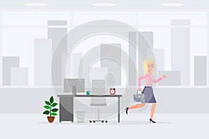 Young, adult woman running away from office at the end of day vector. Fast moving forward, going home female cartoon character