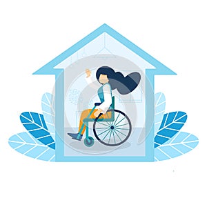 Young adult woman in a wheelchair is sitting in a home with interior. Locked, isolated alone in the apartment, waiting for help.