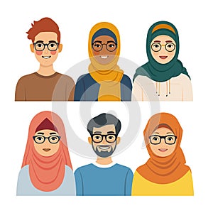 Young adults smiling, diverse ethnicities. Muslim women wearing hijabs, man glasses. Cheerful photo