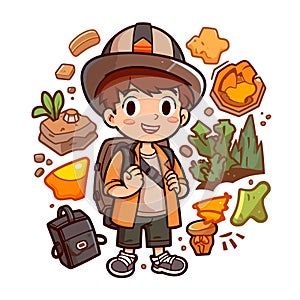 Young adventurer on an adventure trip. Search for hidden Geocaching treasures in nature. Cartoon vector illustration