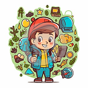 Young adventurer on an adventure trip. Search for hidden Geocaching treasures in nature. Cartoon vector illustration