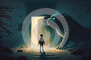 Young Adventurer Enters Mysterious Land, Confronted by Fearsome Monster in Digital Art Style. AI