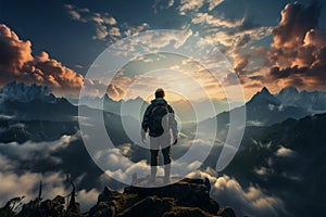 Young adventurer on rocky peak, arms raised, captivated by foggy mountain panorama