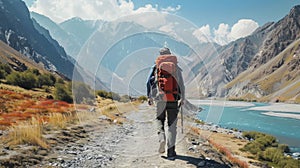 Young adventurer trekking with a heavy tourist backpack on a scenic mountain trail