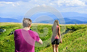 Young adventurers. Travel together with darling. Couple taking photo. Couple in love hiking mountains. Lets take photo