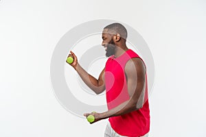 Young African American Athlete Holding Lifting Dumbbells on Isolated White Background.