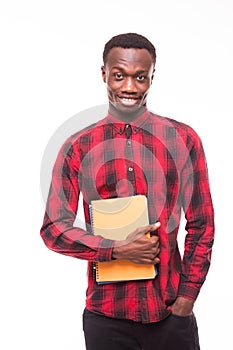 Young african american black student holding an electronic tablet isolated on a white background