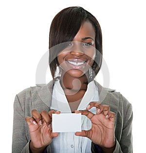 Young african american businesswoman holding blank card