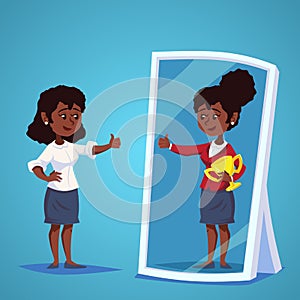 Young african, american Businesswomen standing in front of a mirror looking at her reflection and imagine herself successful. Busi