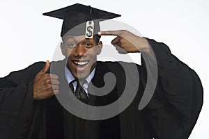 Young African American college graduate with tuition debt price tag, horizontal