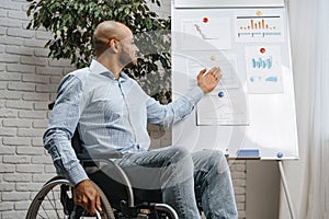 Young african american disabled man in a wheelchair makes presentation at office on whiteboard