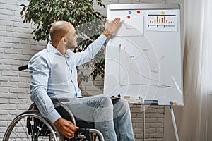 Young african american disabled man in a wheelchair makes presentation at office on whiteboard