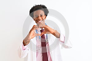 Young african american doctor man wearing sthetoscope over isolated white background smiling in love showing heart symbol and