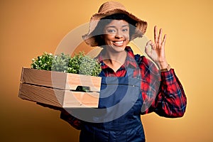 Young African American farmer woman with curly hair wearing apron holding box with plants doing ok sign with fingers, excellent