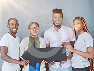 Young african american friends holding up copyspace placard thought bubbles