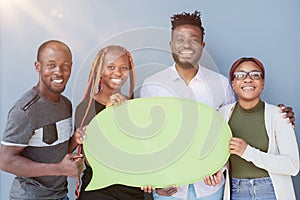 Young african american friends holding up copyspace placard thought bubbles