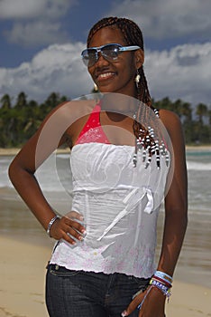 Young African American girl on Caribbean beach