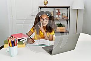 Young african american girl doing homework at home hand on mouth telling secret rumor, whispering malicious talk conversation