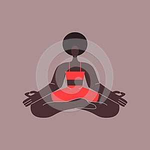 Young African American girl doing meditation. Black woman in the lotus Yoga pose. Healthy lifestyle. Vector illustration