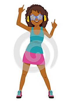 Young african american girl with headphones listening to the music isolated over white background