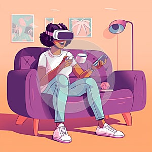 Young african american girl in vr headset sitting on couch and playing video games with Generative AI Technology.