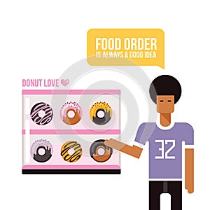 Young African American man and Donuts Delicious food Colorful Banner