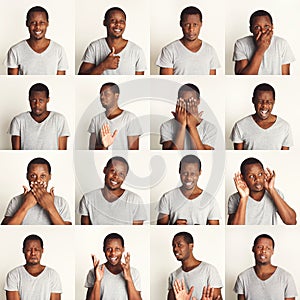 Set of black man`s portraits with different emotions photo