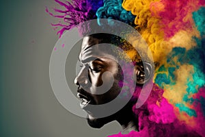 Young African American man with his head exploding in colorful paint powder