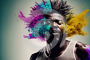 Young African American man with his head exploding in colorful paint powder