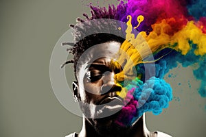 Young African American man with his head exploding in colorful paint powder