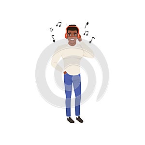Young african american man listening to music with headphones vector Illustration on a white background