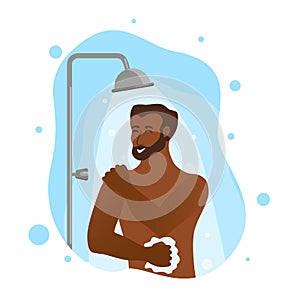 Young African American men taking shower cartoon vector illustration.
