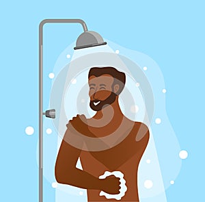 Young African American men taking shower cartoon vector illustration.