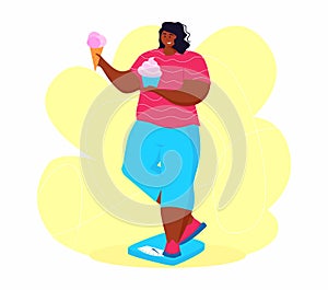 A young african american obese woman eating sweet junk food. A girl get on the scales to get rid of belly fat.
