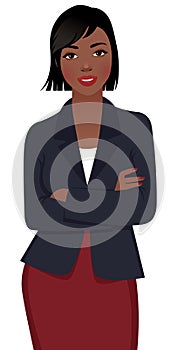 Young African American Woman Businessman in Suit on White Background