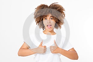 Young african american woman in template blank t shirt showing big thumb up isolated on white background. Afro curly hair.